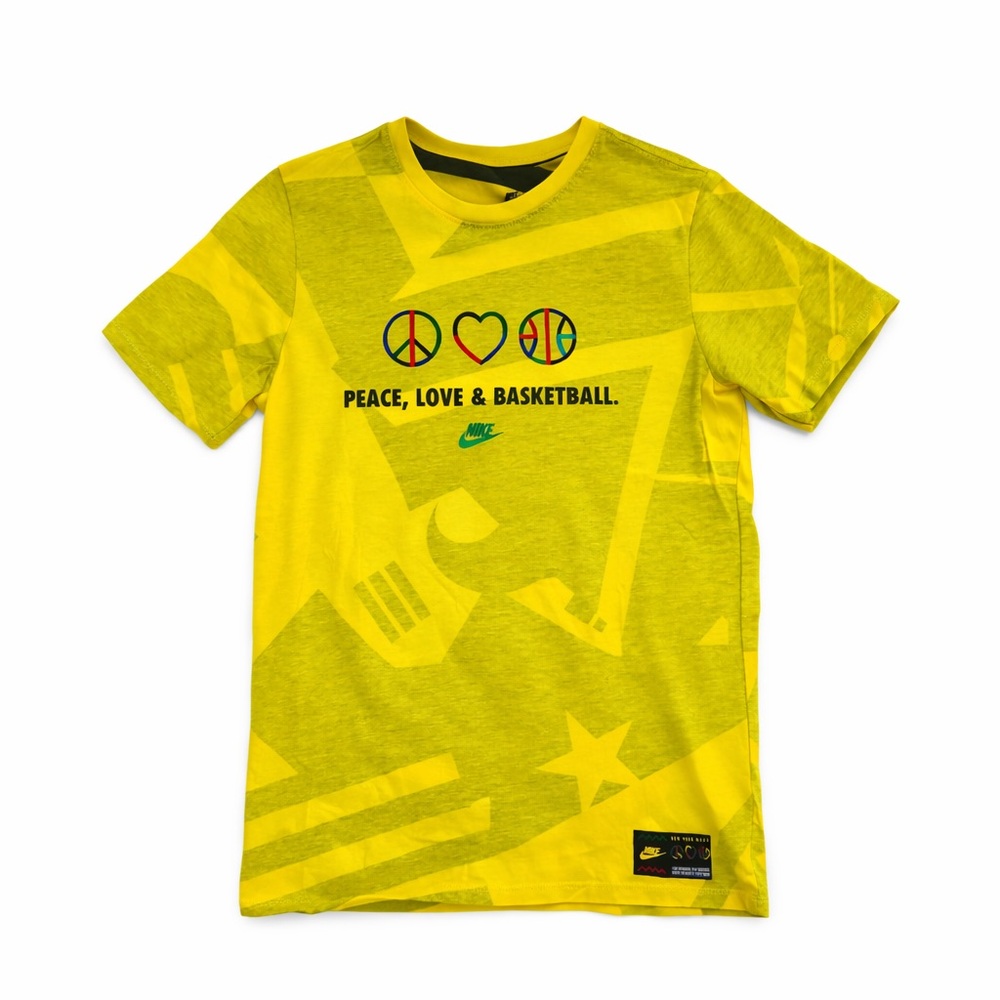 Nike Peace Love & Basketball Graphic Tee Yellow All Over Print Size Small